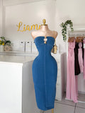 Vestido straple denim botones dorados