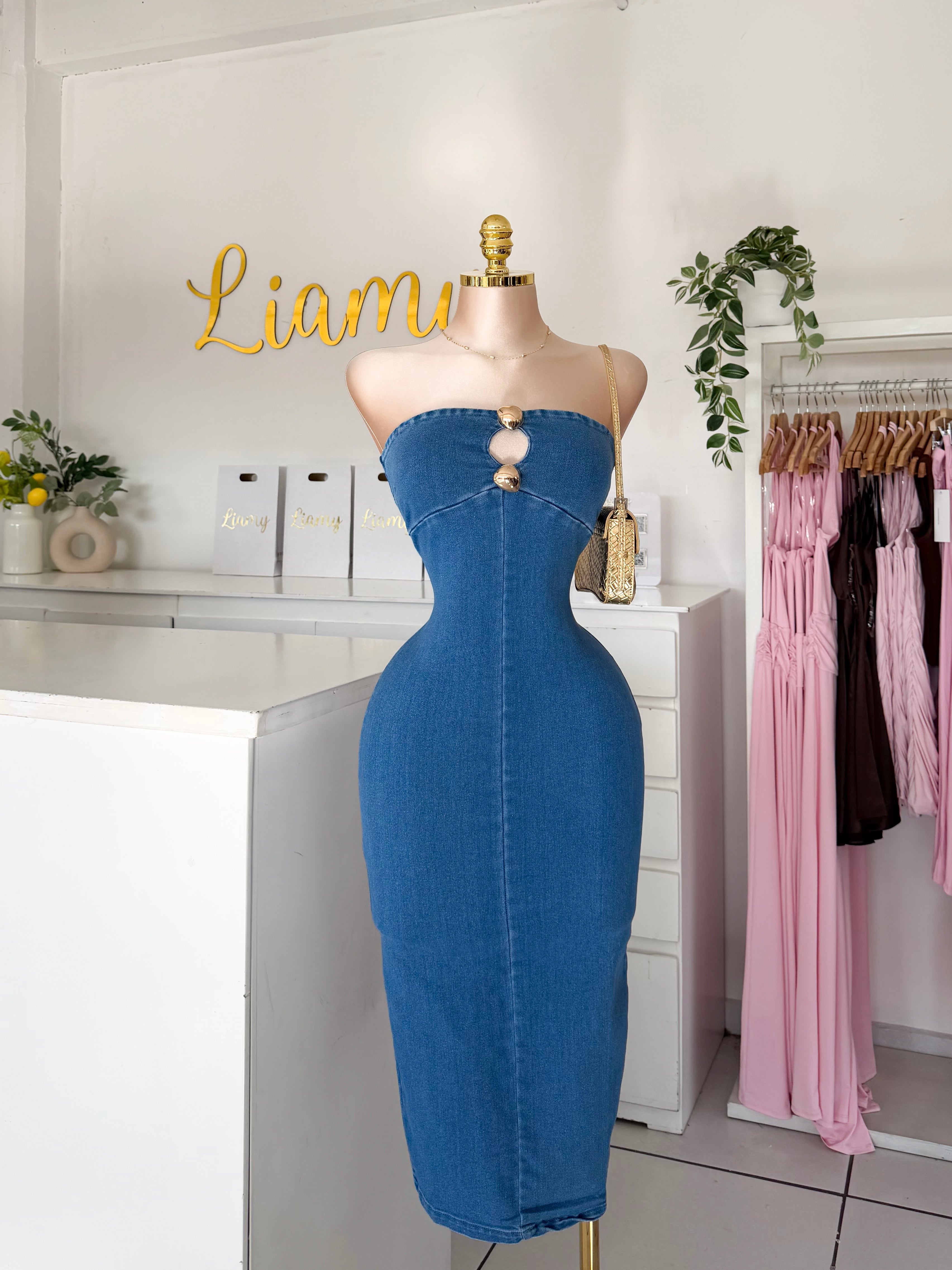 Vestido straple denim botones dorados