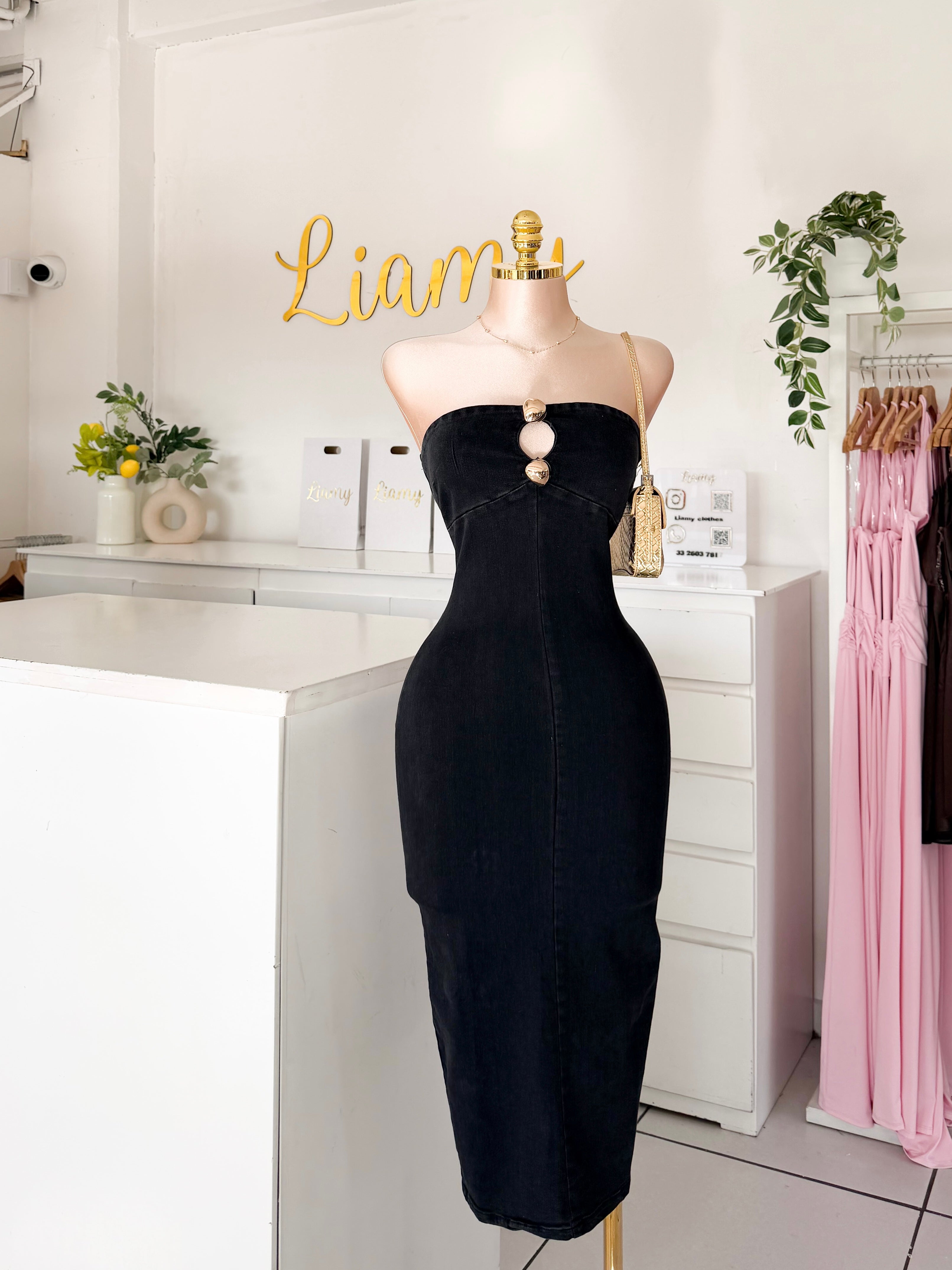 Vestido straple denim botones dorados