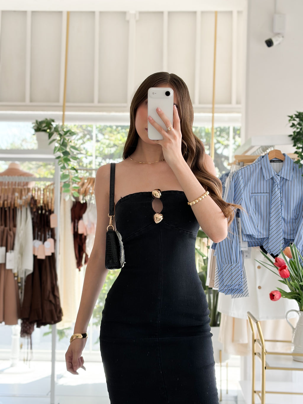 Vestido straple denim botones dorados