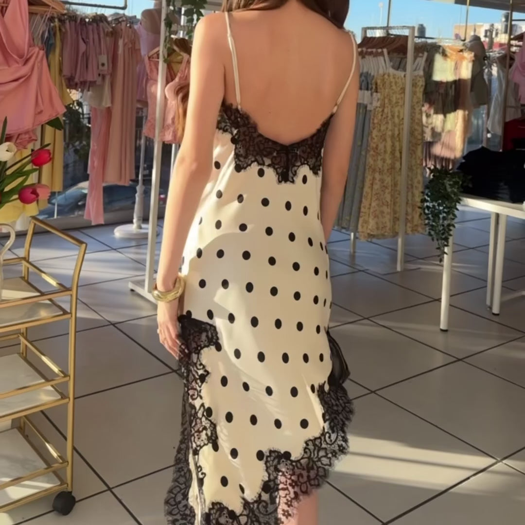 Vestido puntos encaje satin